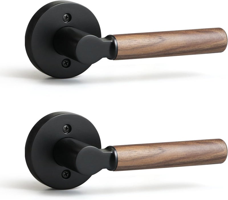 YAGU Wooden Round Dummy Lever Door Handle Pack of 2 Non-Turning Single Side Pull Only Lever Set [for Closet or French Doors] Heavy Duty - Matte Black Finish - Image 1